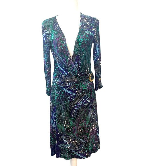 Cache Wrap Dress Long Sleeve Abstract Geometric Print Ladies Size MED Belted - Picture 1 of 8